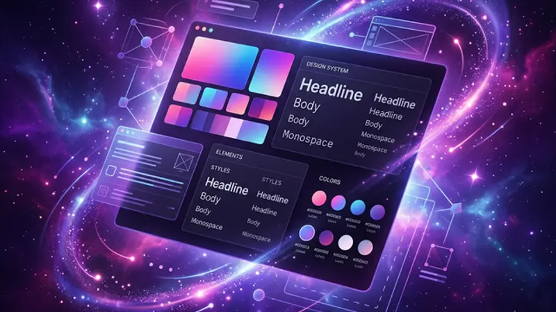 Abstract digital canvas with AI-generated design elements flowing from a glowing cursor, representing AI-assisted web design