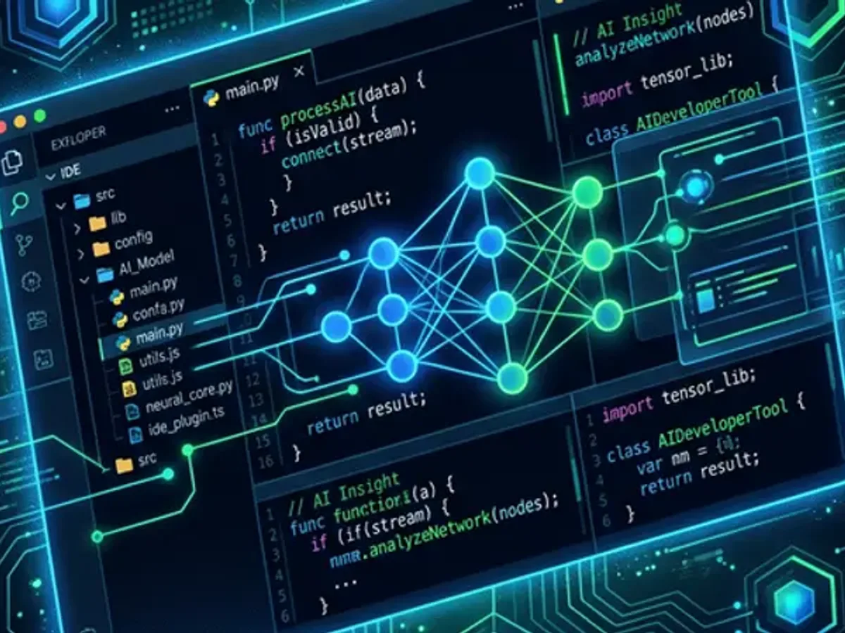 Developer workspace with multiple screens showing code editors and AI assistants collaborating — file trees, type definitions, and terminal all connected through a central AI context layer