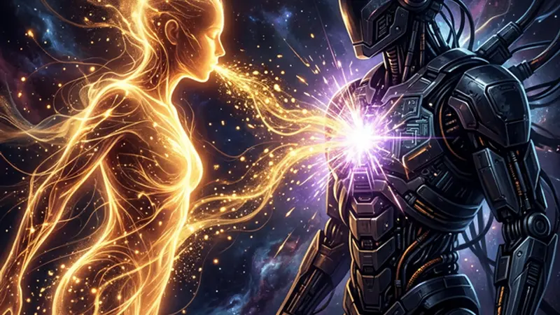 Glowing human silhouette breathing warm golden energy into a dark digital form, symbolizing the soul humans bring to AI collaboration