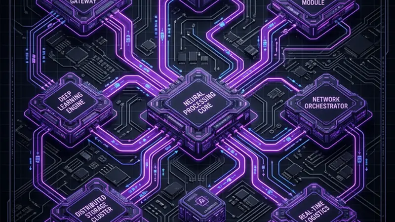 Blueprint-style diagram of an interconnected blog system with dynamic features, Easter eggs, and AI components