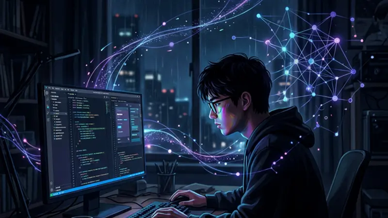 Person staring at a glowing monitor in a dark room with abstract neural network patterns floating around them