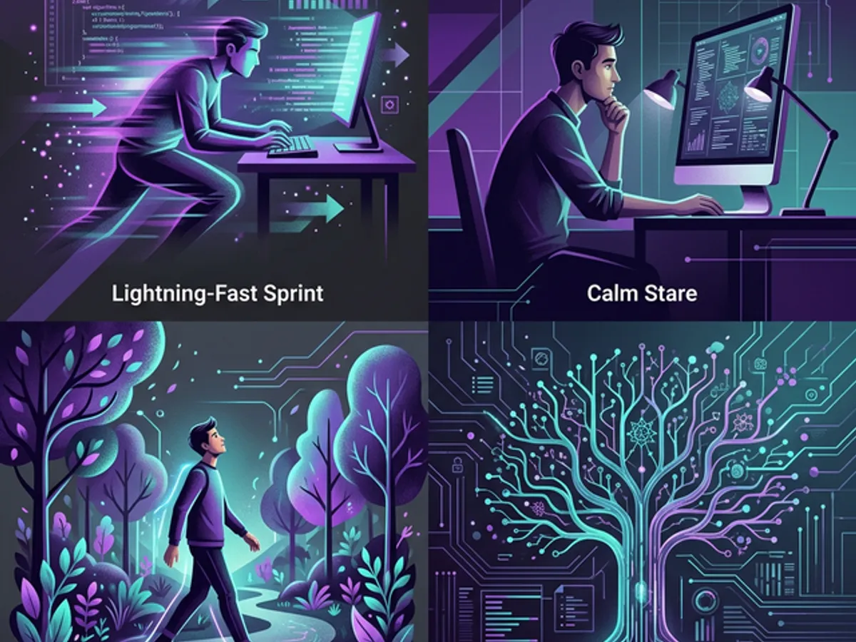 Creative workspace with scattered post-it notes and an AI model generating designs in the background