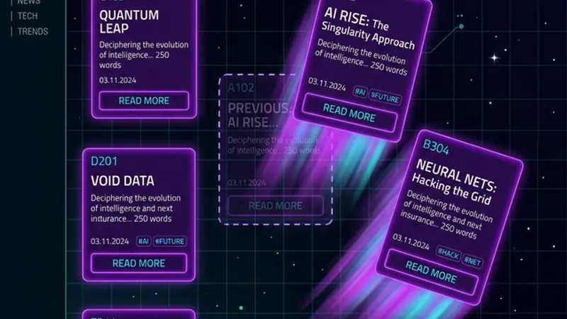 Blog cards with cartoon-like expressions fleeing from a cursor, leaving ghost trails behind them