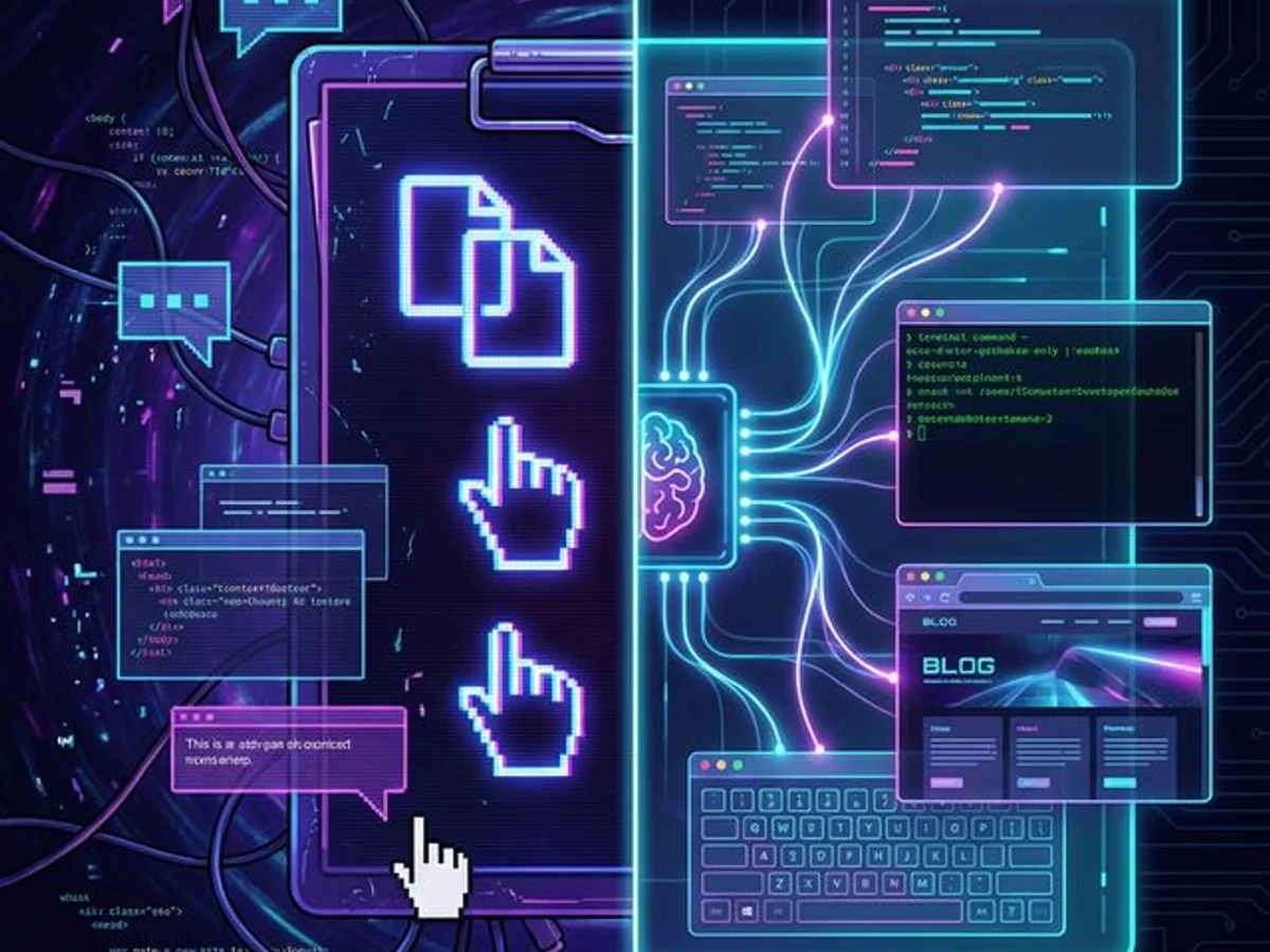 Terminal screen showing a bug report transforming into a published blog post through an automated AI pipeline