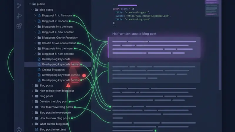 AI analyzing blog post keyword overlap across a content library to prevent SEO cannibalization