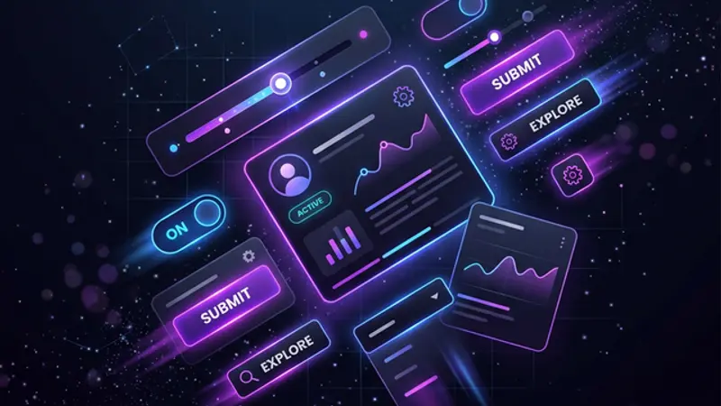 Collection of interactive UI components with hover effects, animations, and micro-interactions on a dark background