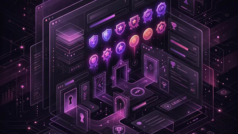 Subtle game-like elements woven invisibly into a website interface including hidden achievements and progress indicators