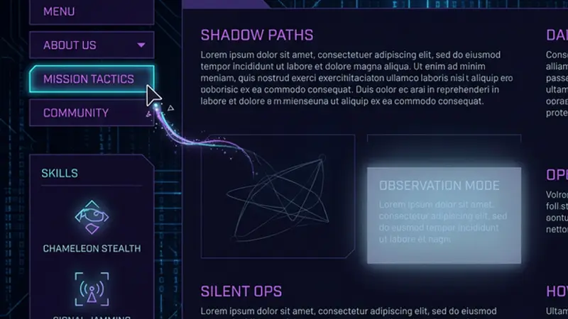Website interface with hidden interactive elements subtly glowing, inviting users to discover playful features