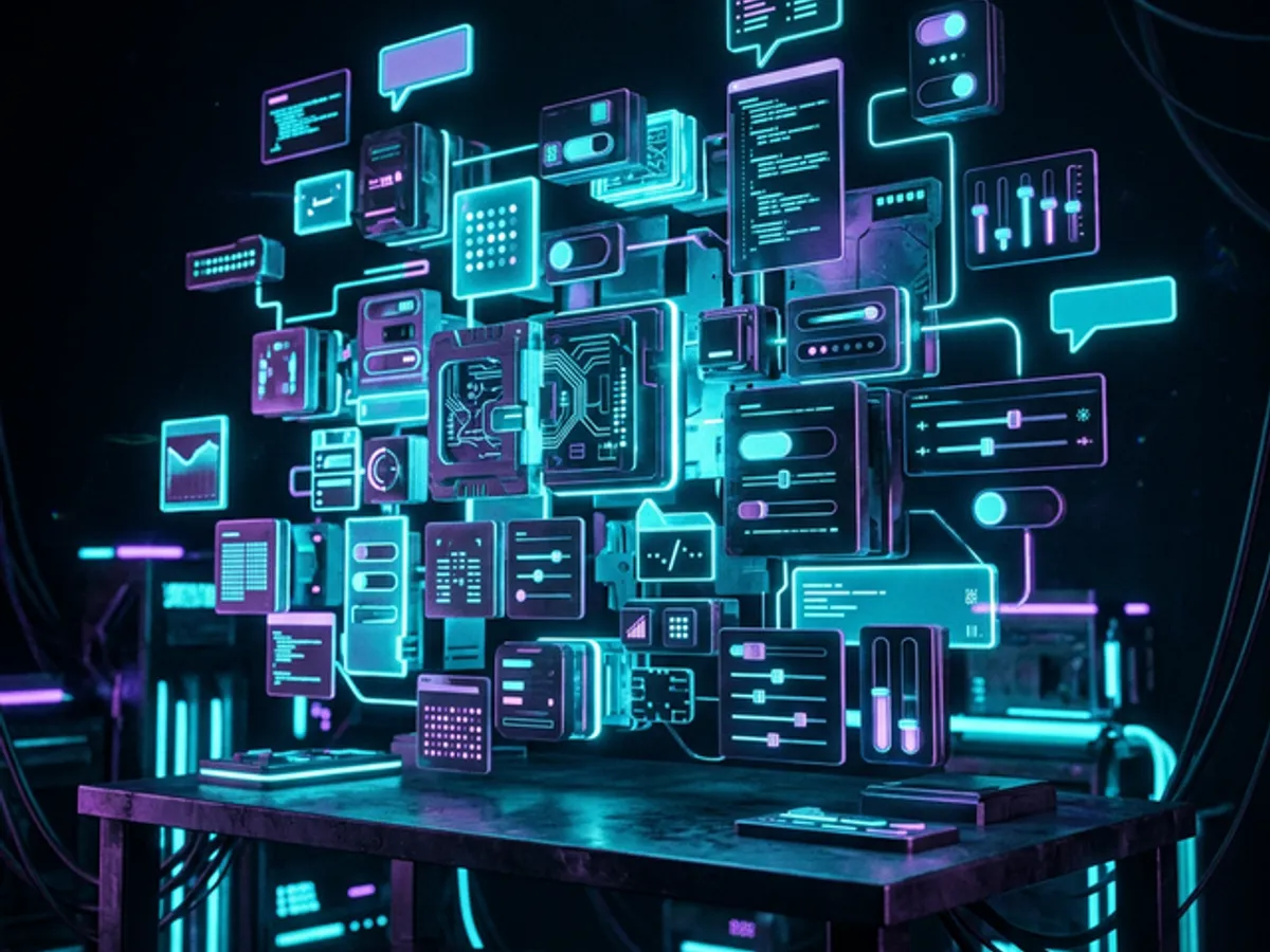 Glowing component pieces assembled on a dark lab workbench
