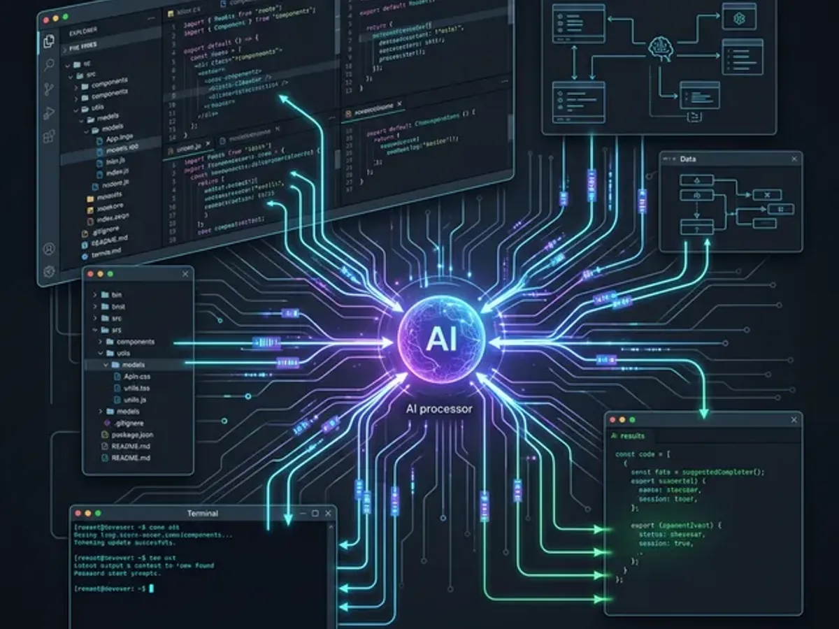 AI developer tools showing full codebase context: file tree, terminal, type definitions all connected to a central AI processor via glowing neural network lines