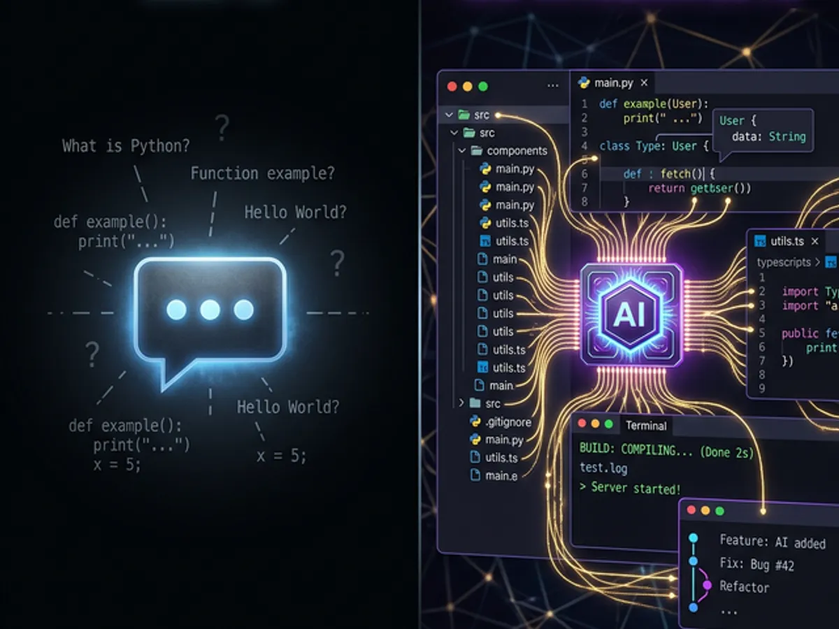 IDE-integrated AI versus chat AI: the IDE side shows a rich connected environment with file tree, types and terminal all linked — the chat side shows disconnected fragments floating in darkness