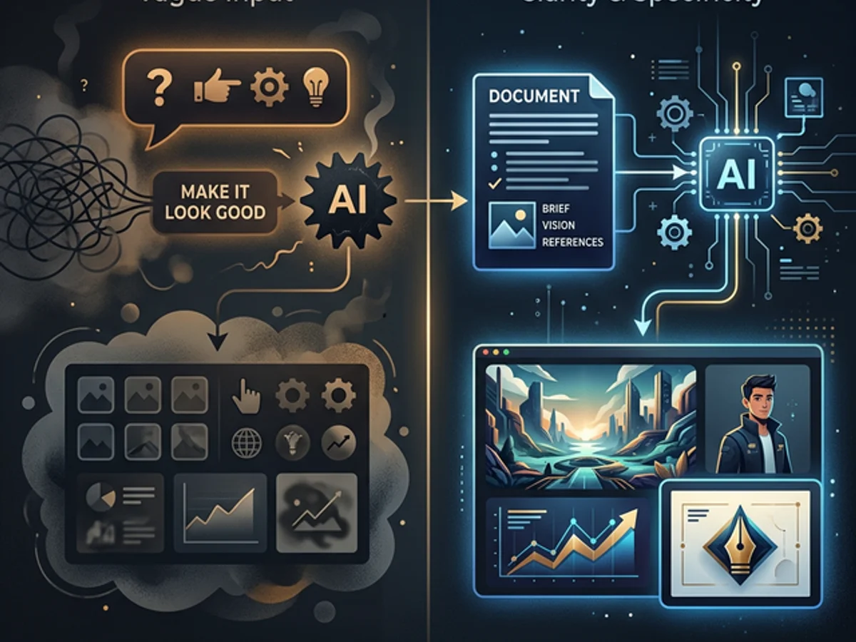 Specific vision briefs producing distinctive output on the right versus vague prompts producing generic median output on the left — the core AI productivity lesson