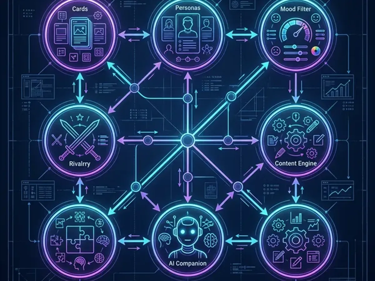 Interconnected blog system architecture with 8 independent interactive feature nodes connected by data flow arrows