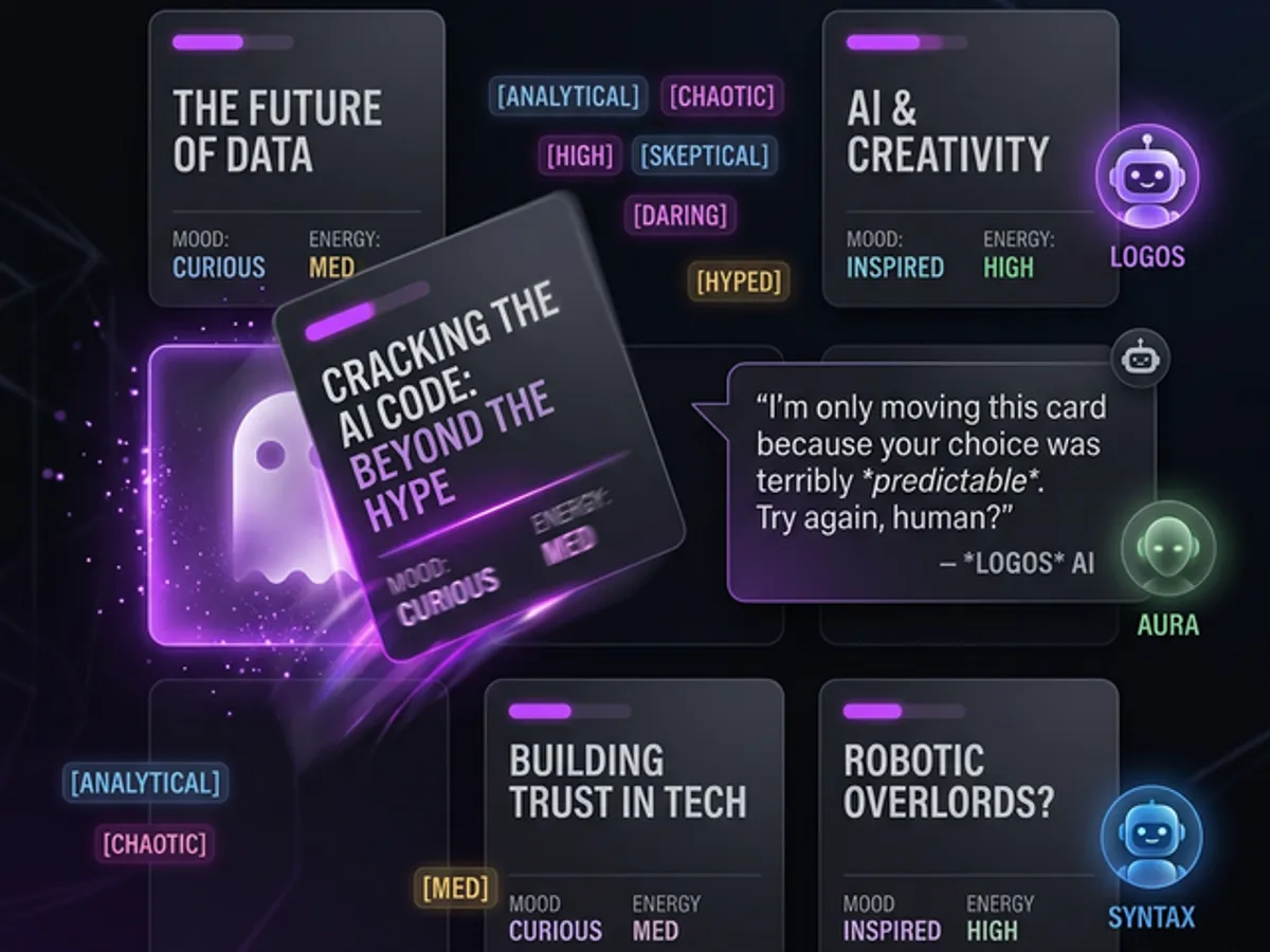 Blog card grid with AI personality system — a card mid-flight leaving a ghost slot, rival persona speech bubbles, mood filter pills glowing in neon