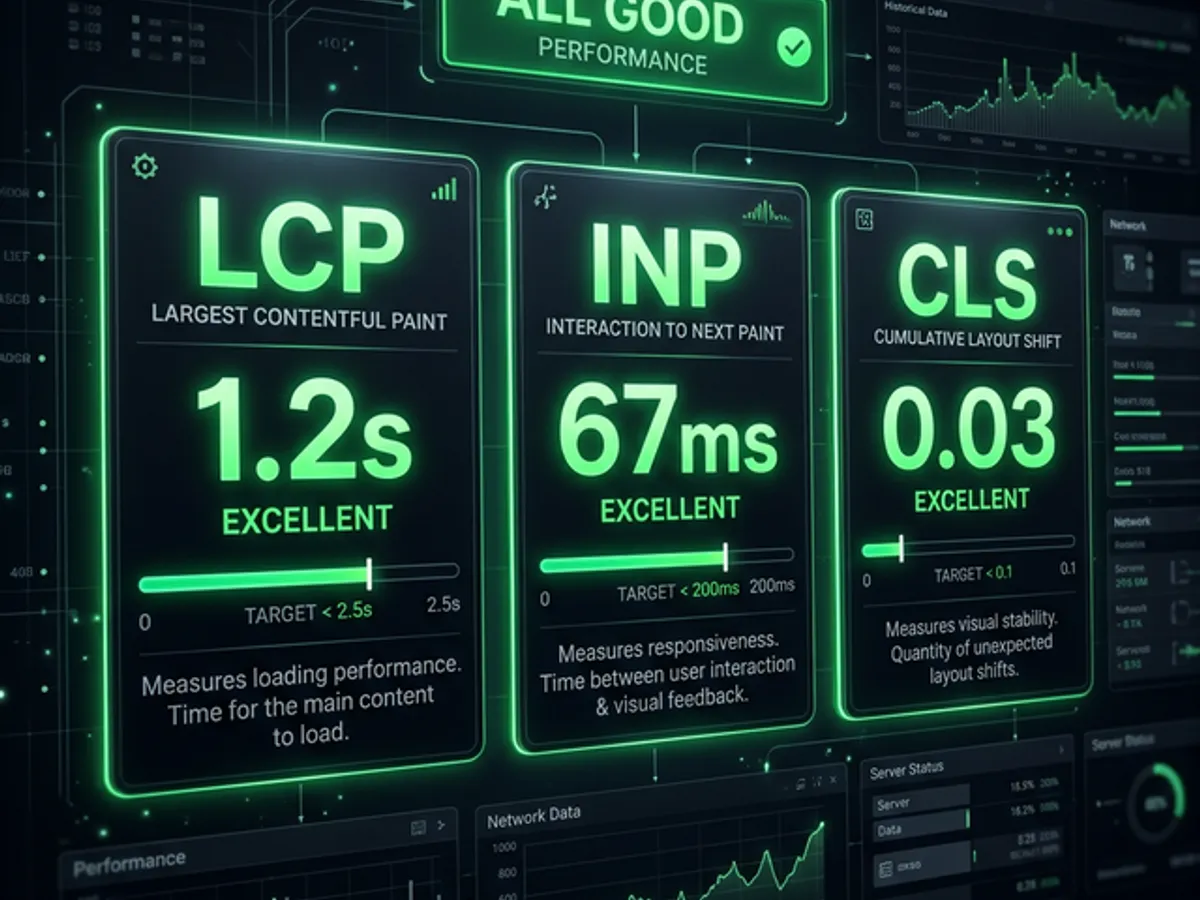 Core Web Vitals dashboard showing LCP, INP, and CLS all passing in green — with target thresholds and current measured values displayed for each metric