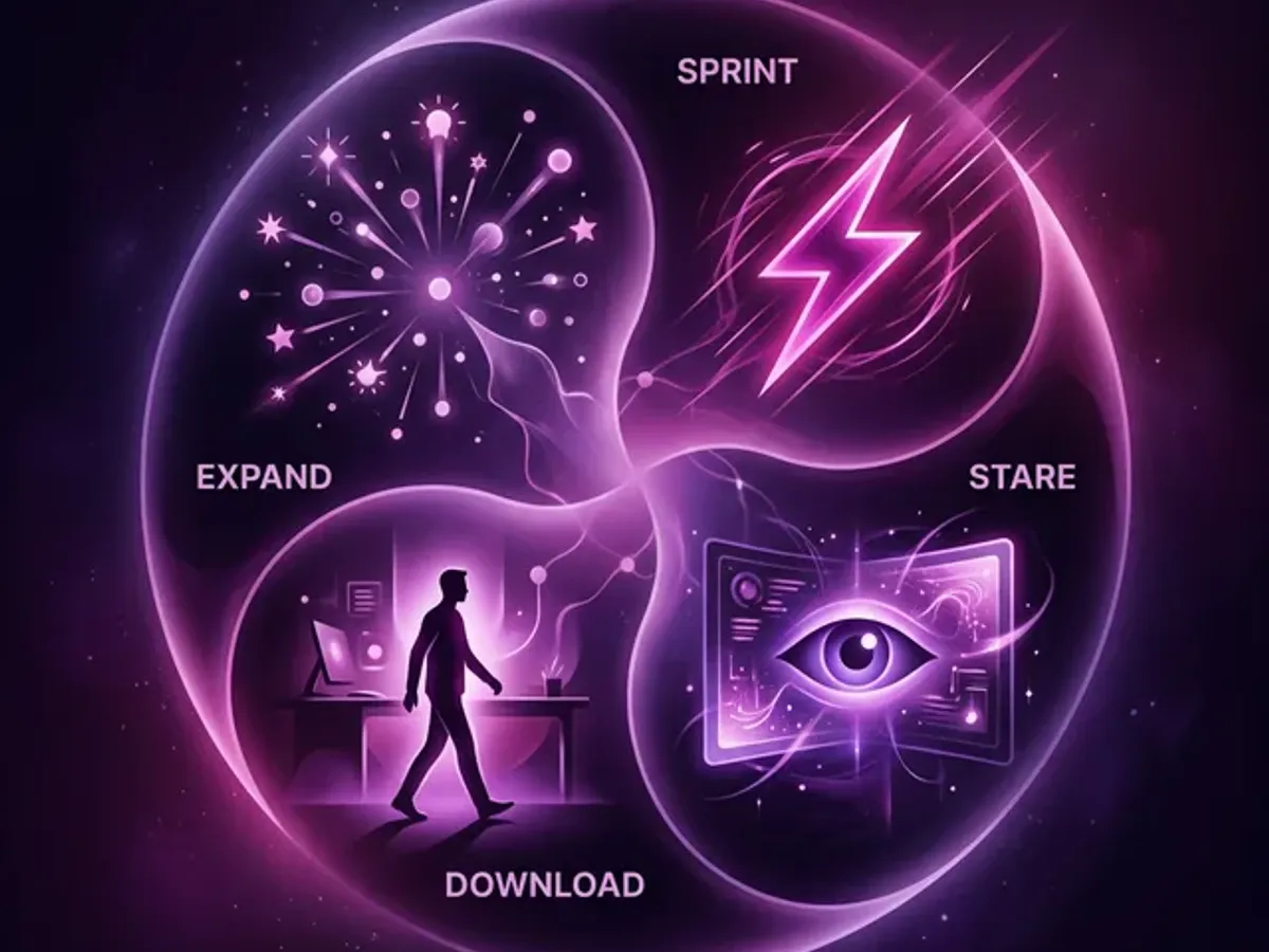 Four creative phases in circular flow: sprint with AI, stare at the output, walk away, return with expanded vision