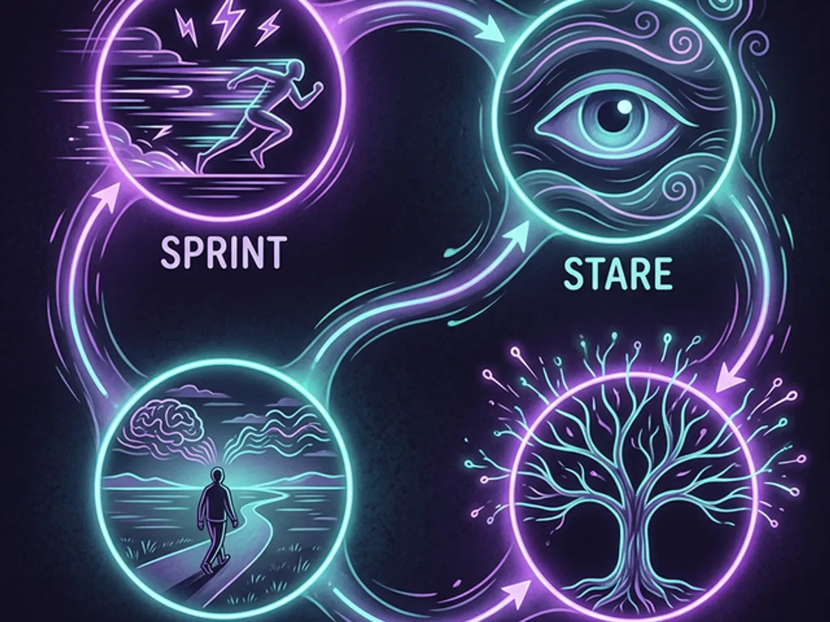 Visual map of creative process phases — sprint in fast-forward, stare in slow motion, download as an open horizon, expand as branching growth