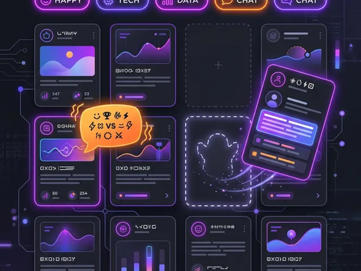 Abstract blog grid with a card mid-flight leaving a ghost slot, speech bubbles showing AI persona rivalry, mood filter pills glowing