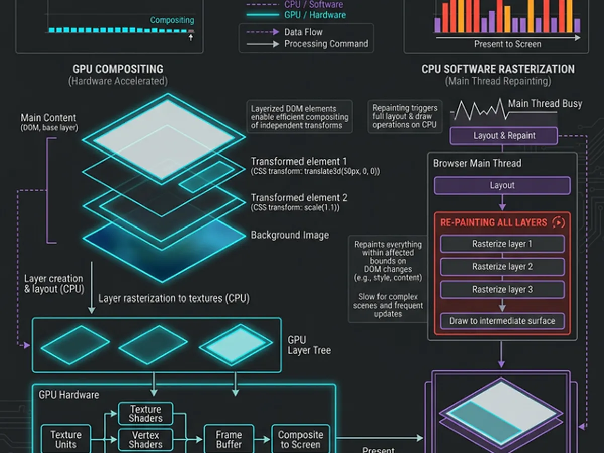 GPU compositing layers versus CPU software rasterization — showing the performance gap between hardware and software rendering