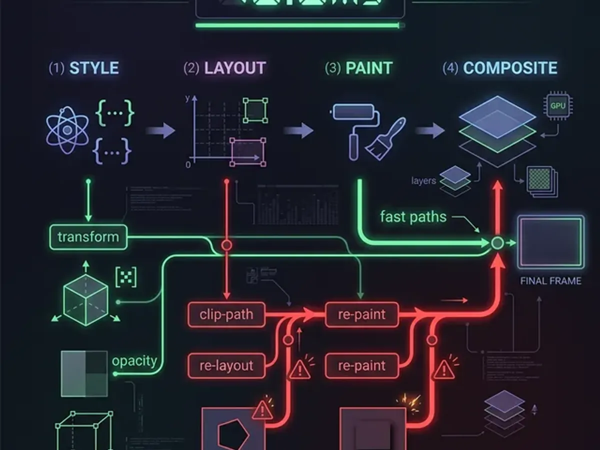 CSS rendering pipeline visualization showing Style, Layout, Paint, Composite stages — with green fast-path properties versus red expensive paint-triggering properties