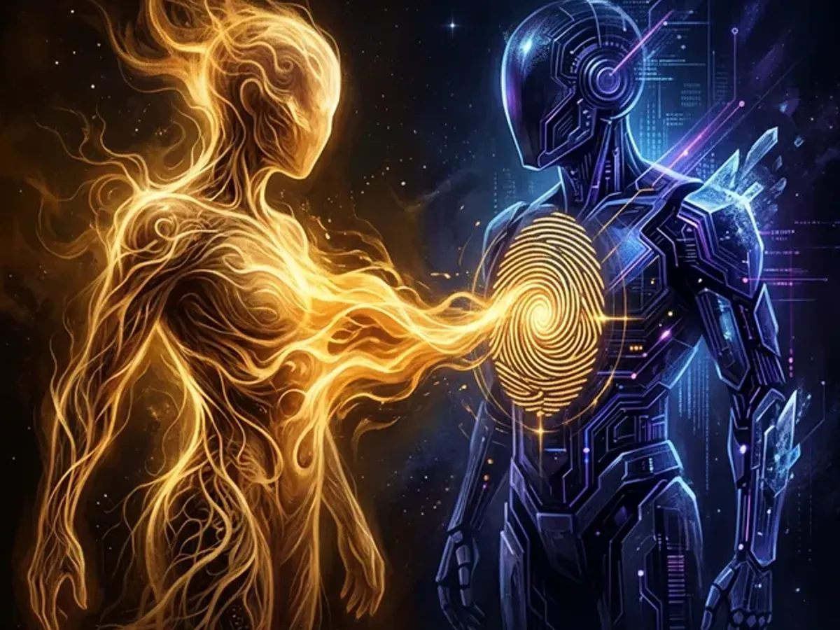 Abstract warm golden energy flowing from an organic human shape into a sleek AI form, creating a unique swirling fingerprint pattern at the intersection