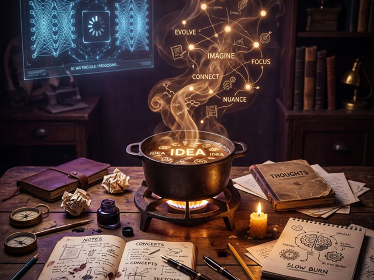 Four-phase creative workflow of slow thinking: idea cooking in notes, walking away, subconscious synthesis, returning with conviction