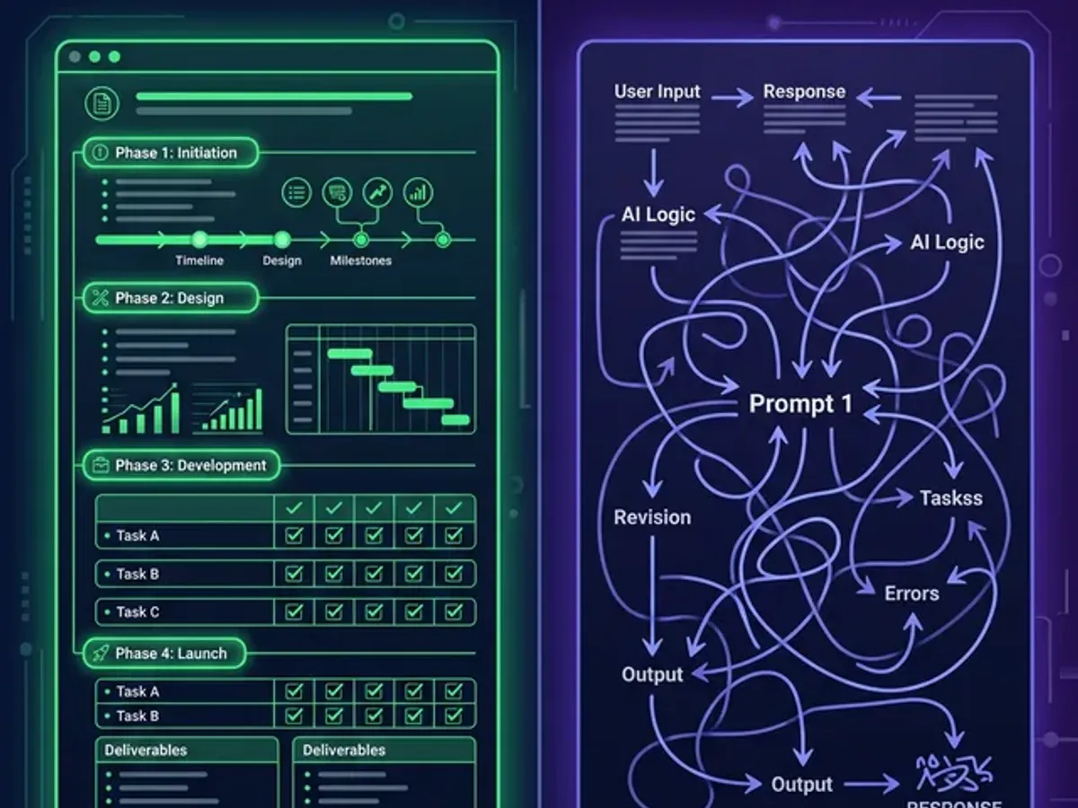 Structured implementation plan document with checklist versus tangled prompt engineering chain