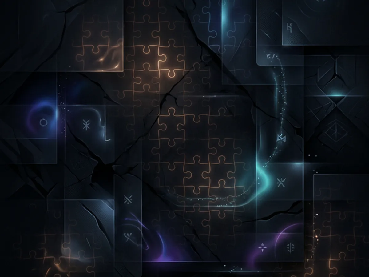 Abstract blog interface with hidden puzzle fragments barely visible beneath the surface — glowing in plain sight for the curious to find