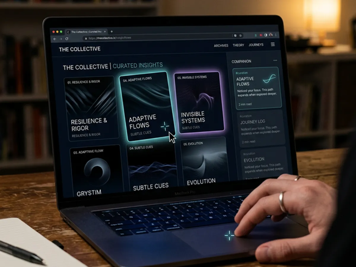 Invisible UX mechanics subtly woven into a website interface — hover effects glowing softly, hidden interactions barely perceptible, behavior-driven personality without badges