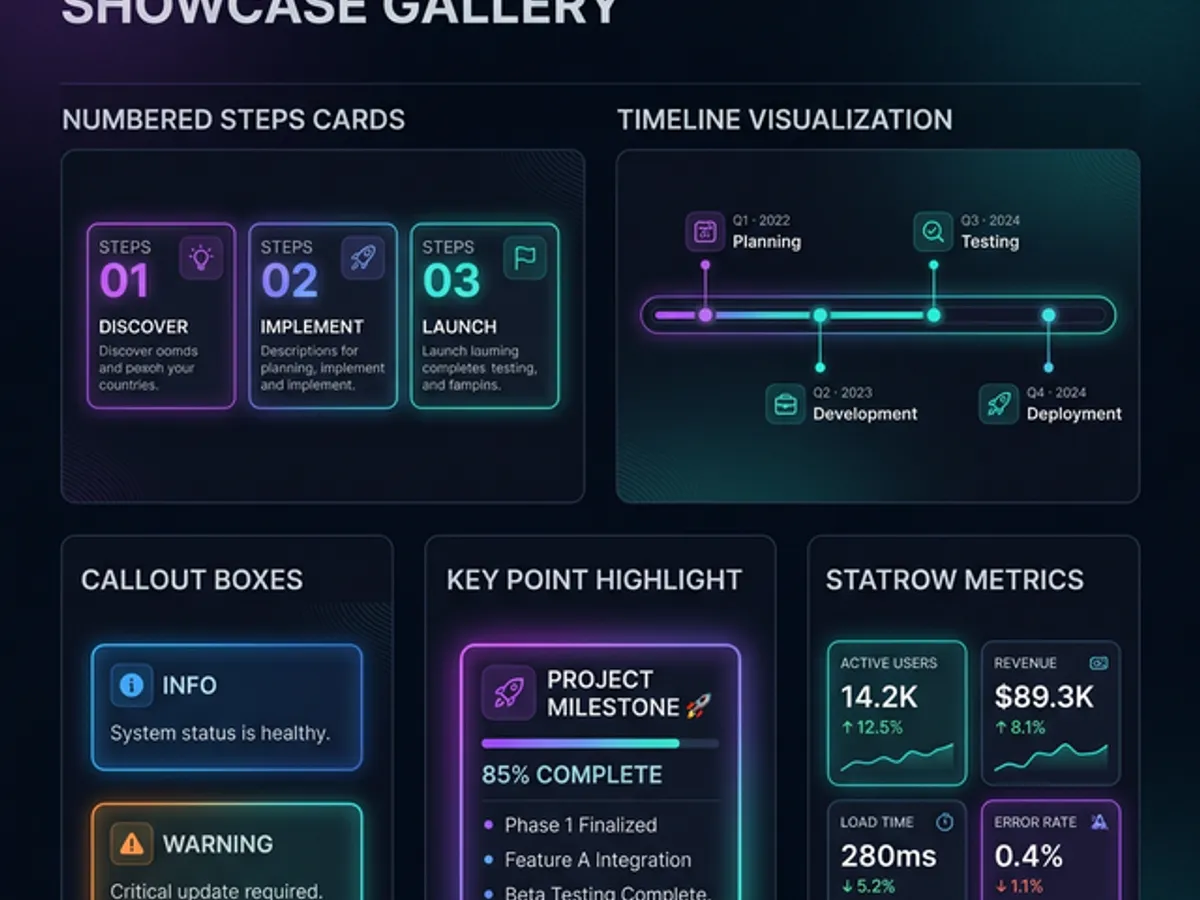 Component showcase gallery — Steps, Timeline, Callout, KeyPoint, StatRow all displayed in organized dark-mode layout, the full visual library