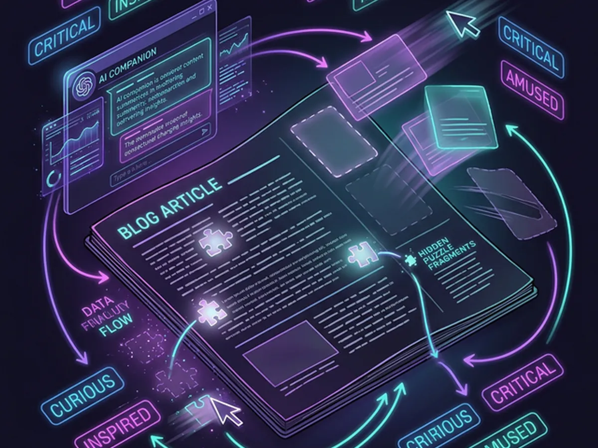 Living blog ecosystem: AI companion, fleeing cards with ghost slots, hidden puzzle fragments, and mood filter all connected as one interactive system