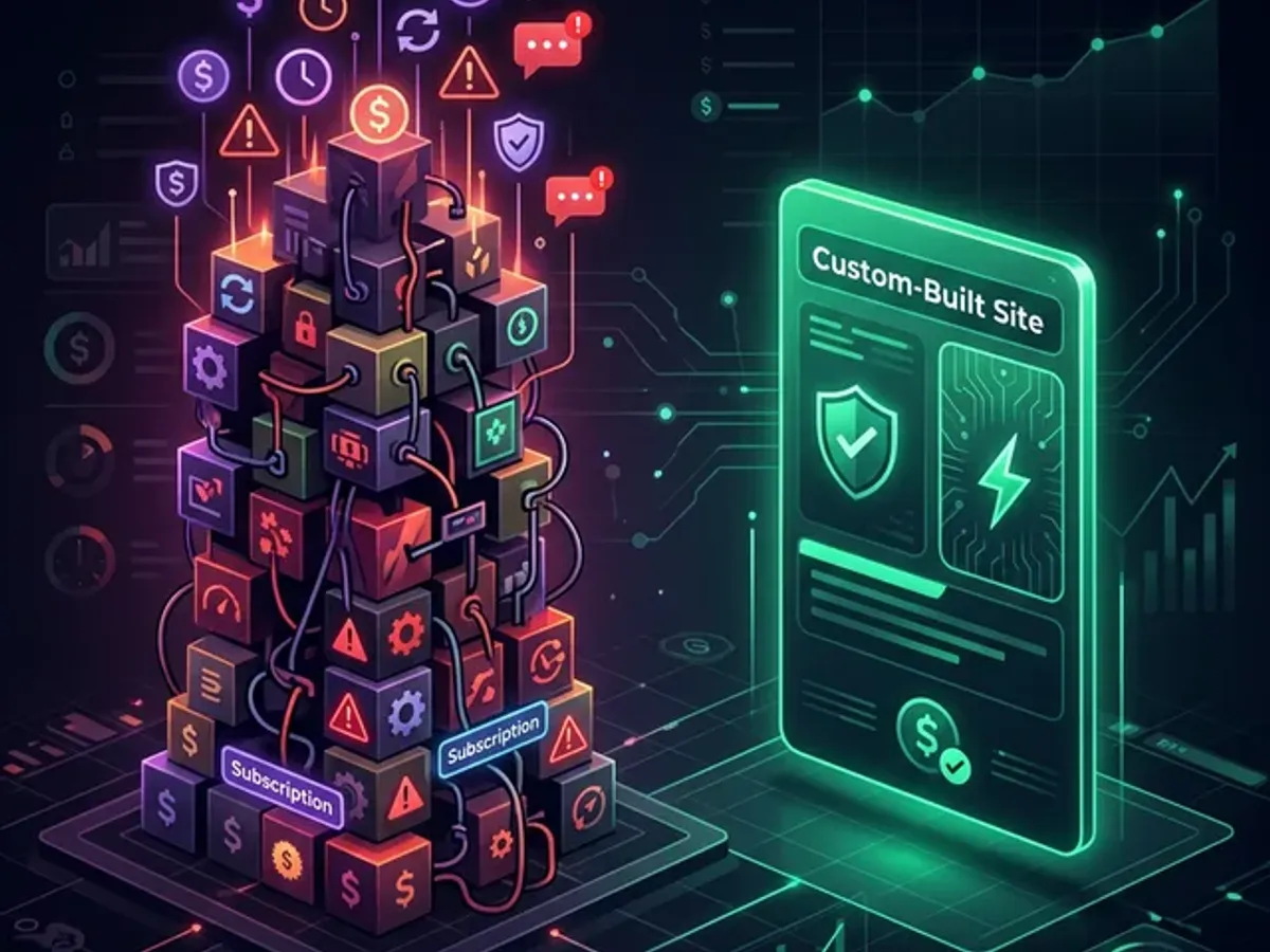 Plugin stack hidden costs versus clean custom-built website — abstract cost visualization