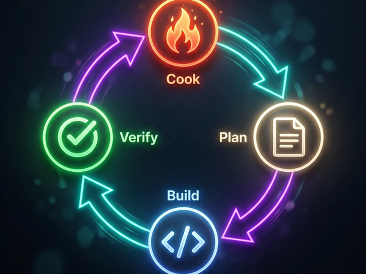 Circular productivity workflow loop — Cook, Plan, Build, Verify — the repeating cycle of AI-assisted development
