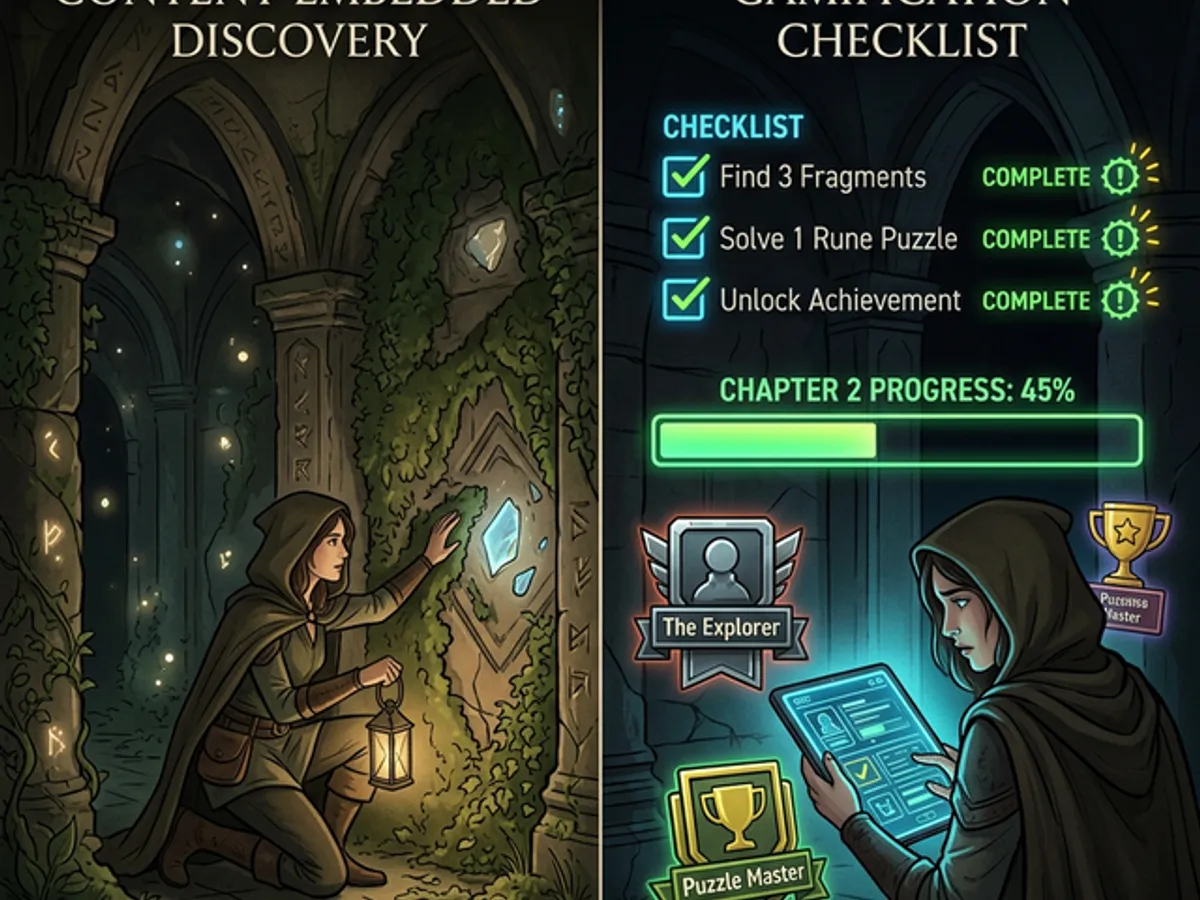 Good versus bad puzzle design table: content-embedded discovery rewards versus gimmicky dedicated puzzle pages