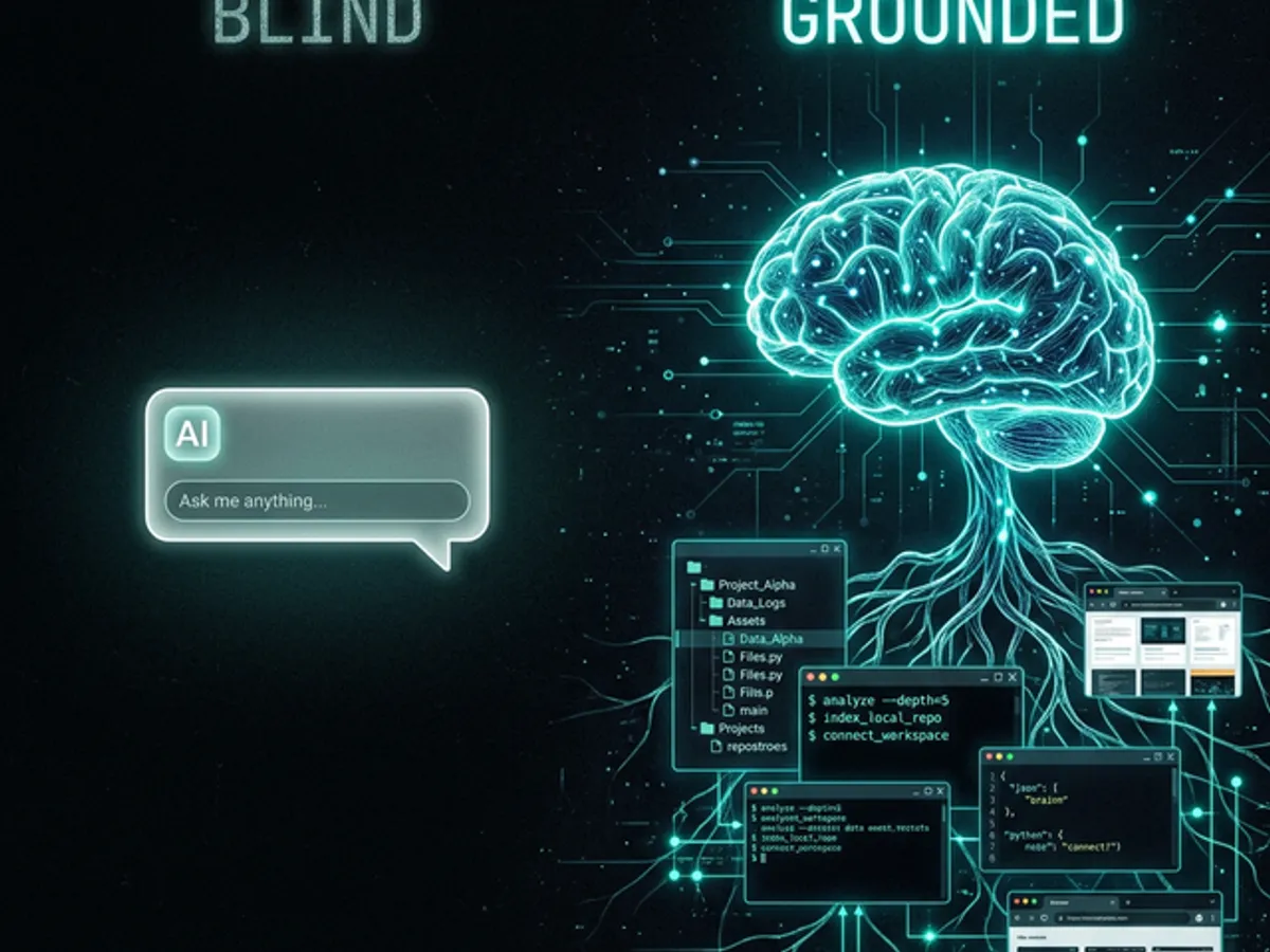 Isolated AI chat bubble floating in empty space versus AI deeply grounded into a glowing workspace with files, terminal, and browser all connected