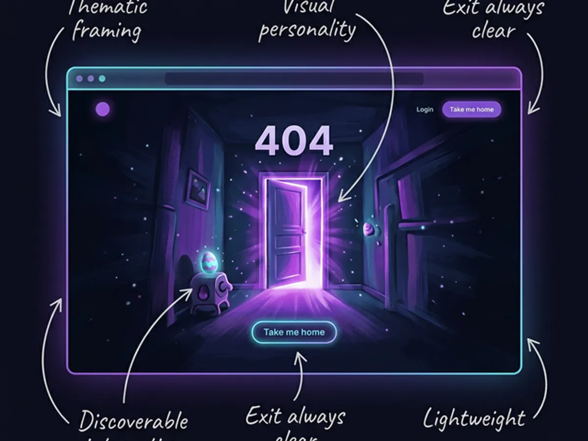 Anatomy of a great creative 404 page: annotated browser window showing thematic framing, visual personality, a clear exit, discoverable interaction, and lightweight implementation