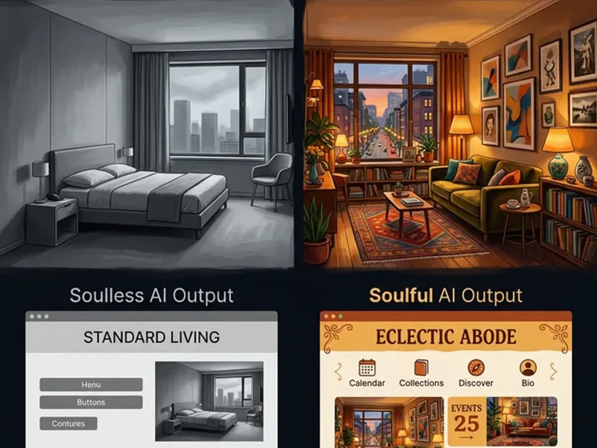 Split scene: sterile grey hotel room with generic website interface versus warm eclectic living space with characterful soulful website design