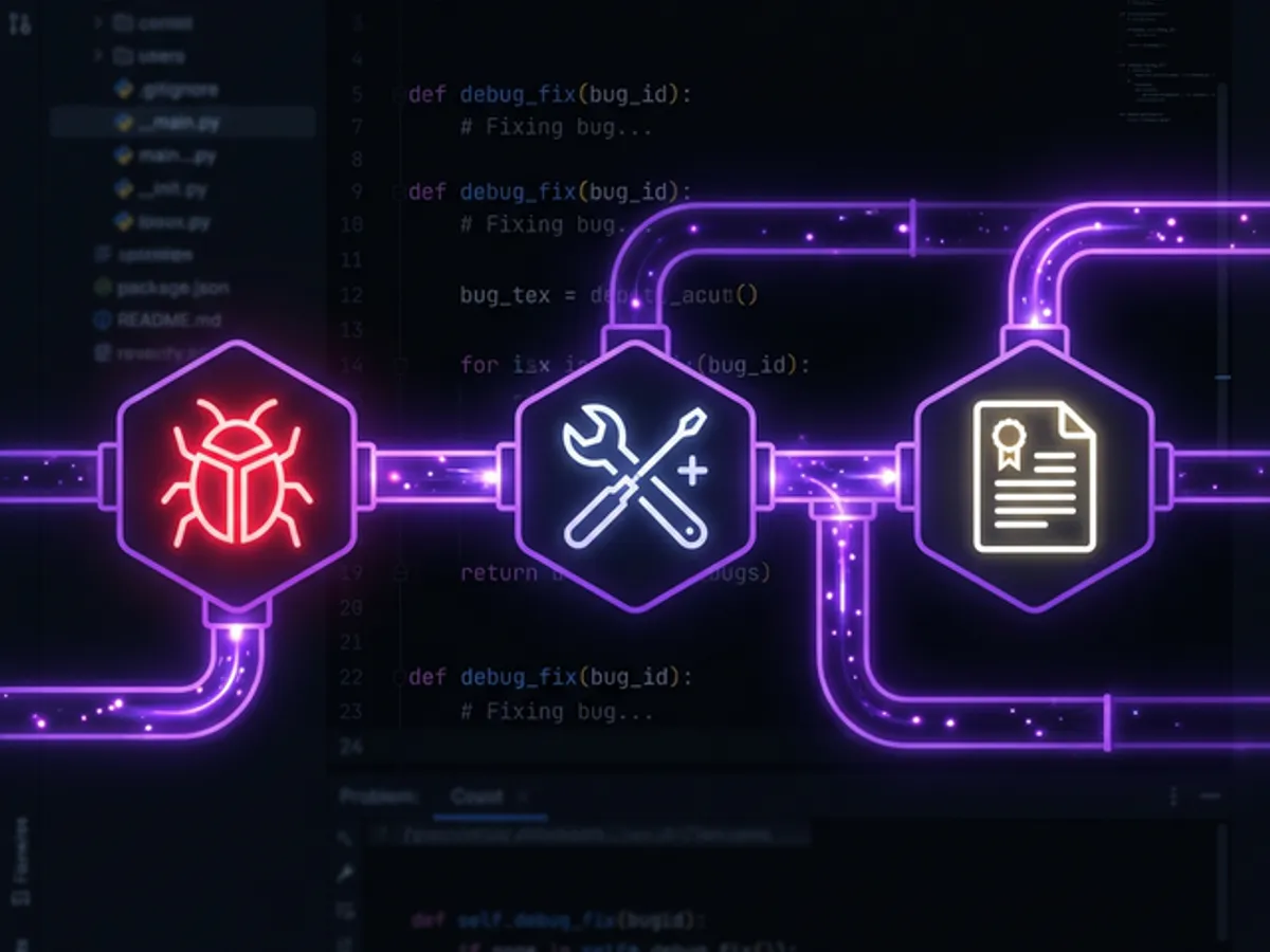 Abstract pipeline showing the bug-to-blog transformation through an AI-assisted IDE workflow
