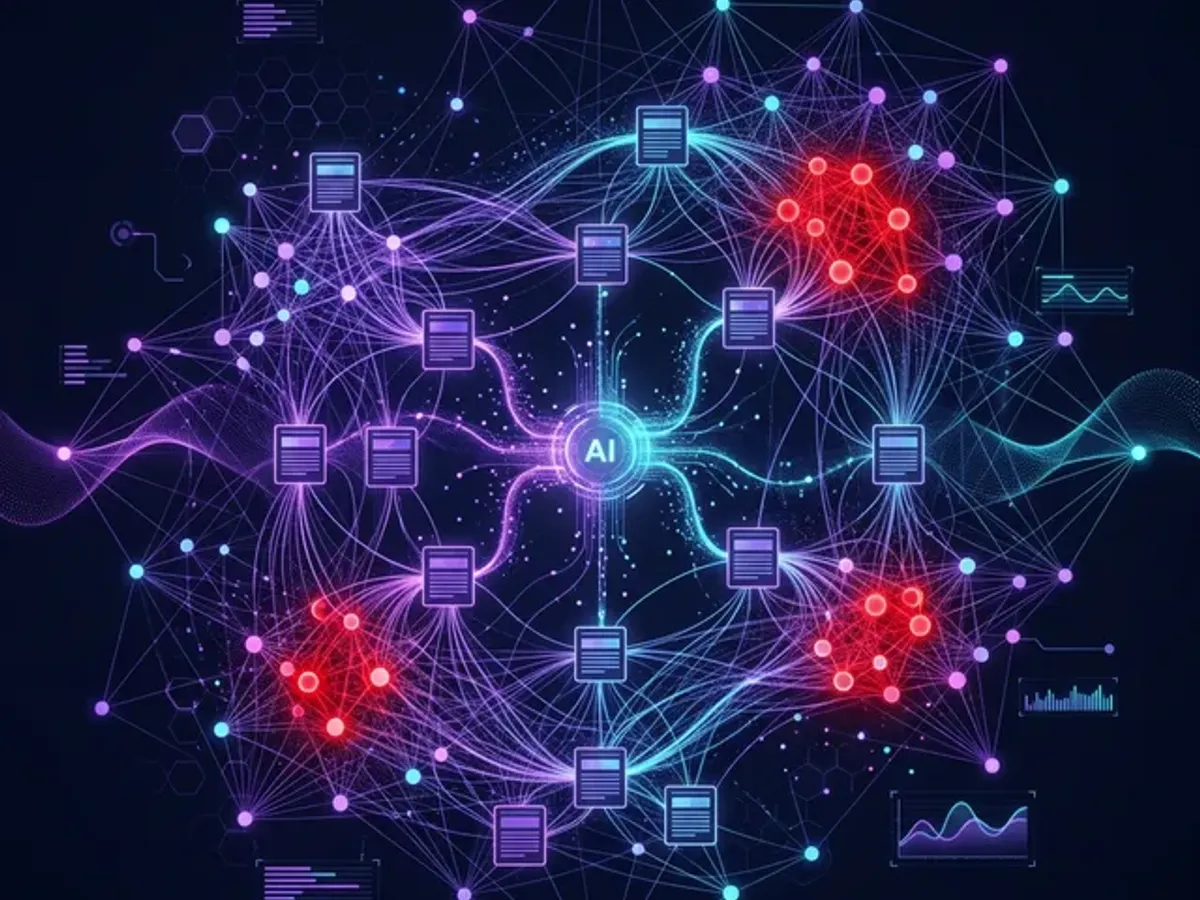AI system scanning a content library — mapping keyword overlap and cluster relationships between posts