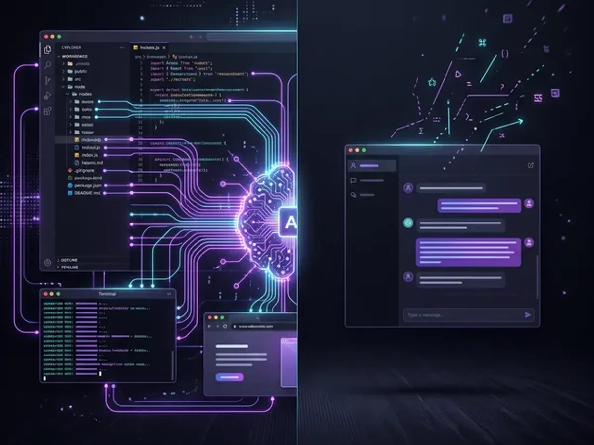 IDE context flow diagram showing AI with full content awareness compared to isolated chat AI writing in the dark