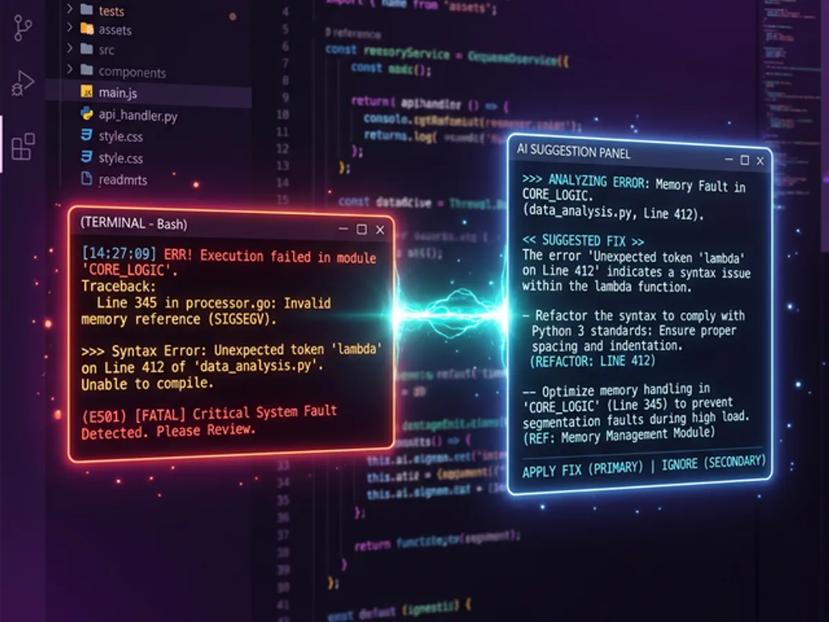 IDE debug session showing AI with full context awareness next to isolated chat AI starting from scratch