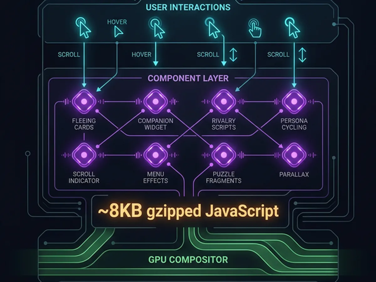 Interactive web component architecture diagram: three layers showing user interactions at top, 8 component nodes in the middle, and the GPU compositor at the bottom — all connected with clean data flows