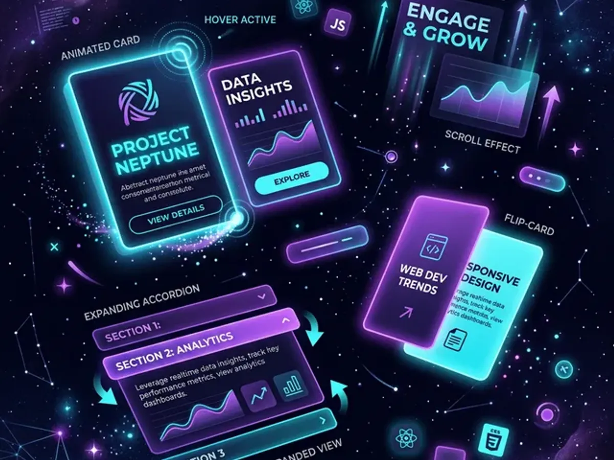 Interactive web components with hover effects, animations, and micro-interactions on a dark background