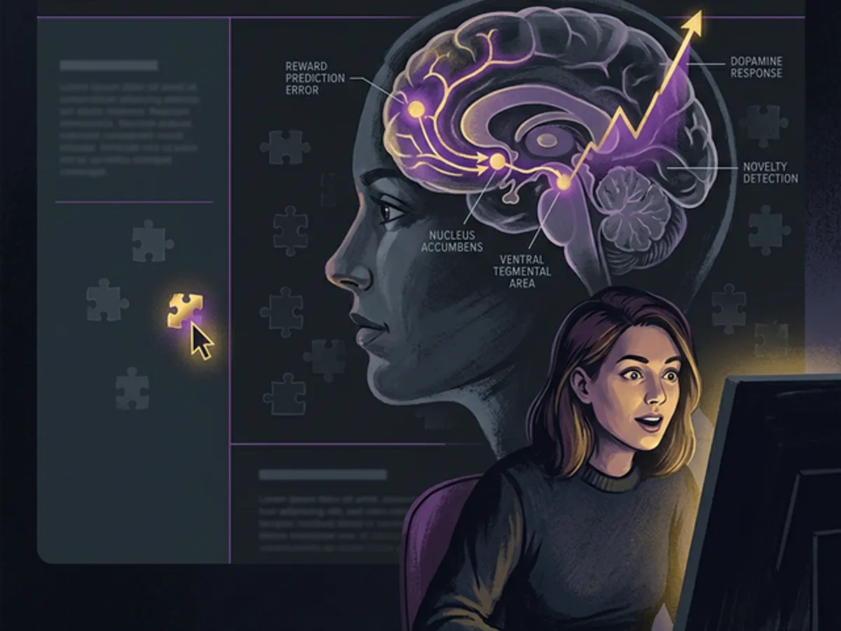Psychology of discovery showing dopamine response curve: unexpected discovery creating sustained exploration behavior
