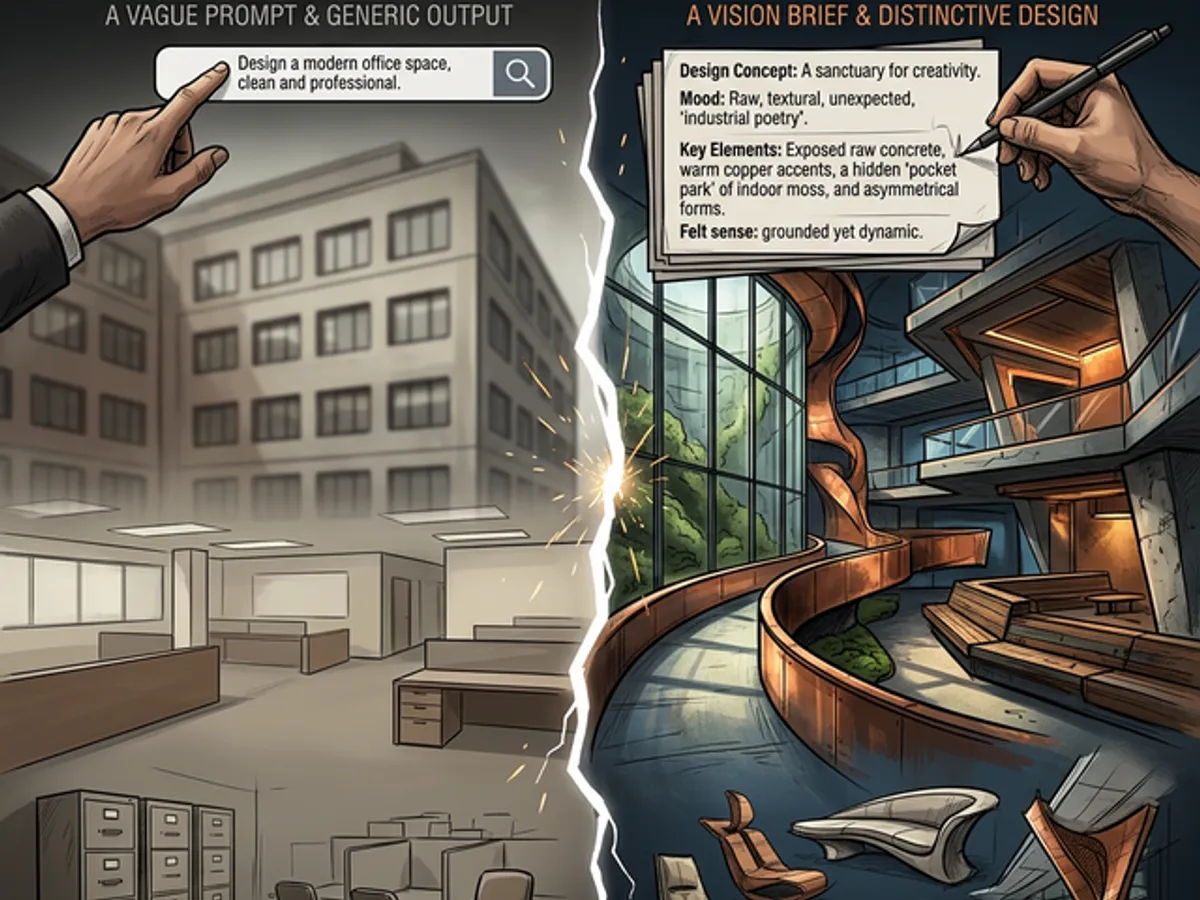 Contrast between a vague prompt producing generic output and a clear vision brief producing distinctive design