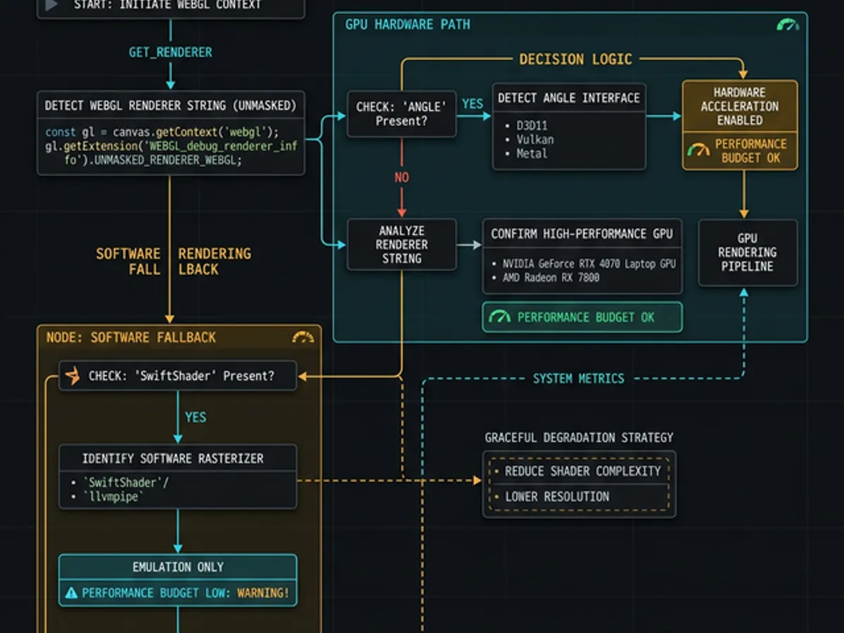 WebGL renderer string detection flow showing software renderer fallback detection and graceful degradation strategy